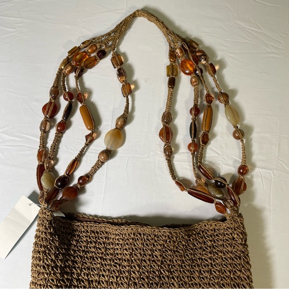 Blue Miami Macrame Straw Crochet Boho Chic Beach Shoulder Bag Faux Gemstones NEW - Picture 6 of 10